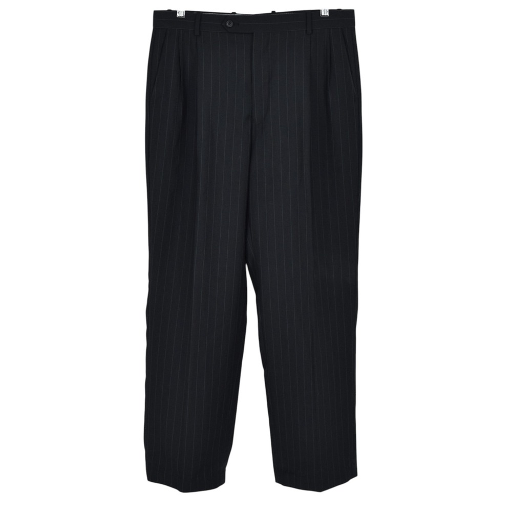 Caravelli Mens 34x31 Black Pinstripe Double Pleated Dress Pants Polyester Blend
